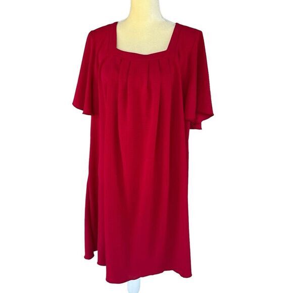 SHEIN CURVE VCAY Plus 1XL Square Neck Plicated Detail Dress Red Brand New - Picture 6 of 16